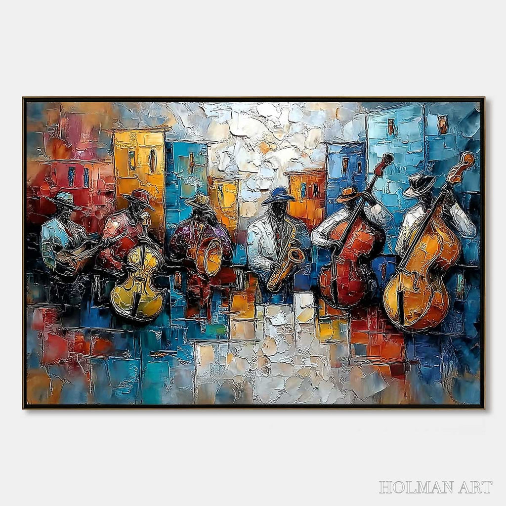 HOLMAN ART Urban Melody – Textured Impasto Painting of a Jazz Band Street Performance - image 1