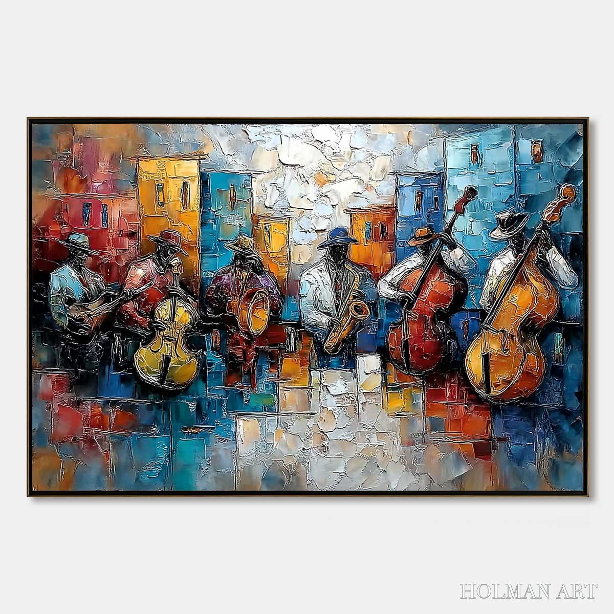 HOLMAN ART Urban Melody – Textured Impasto Painting of a Jazz Band Street Performance - image 1