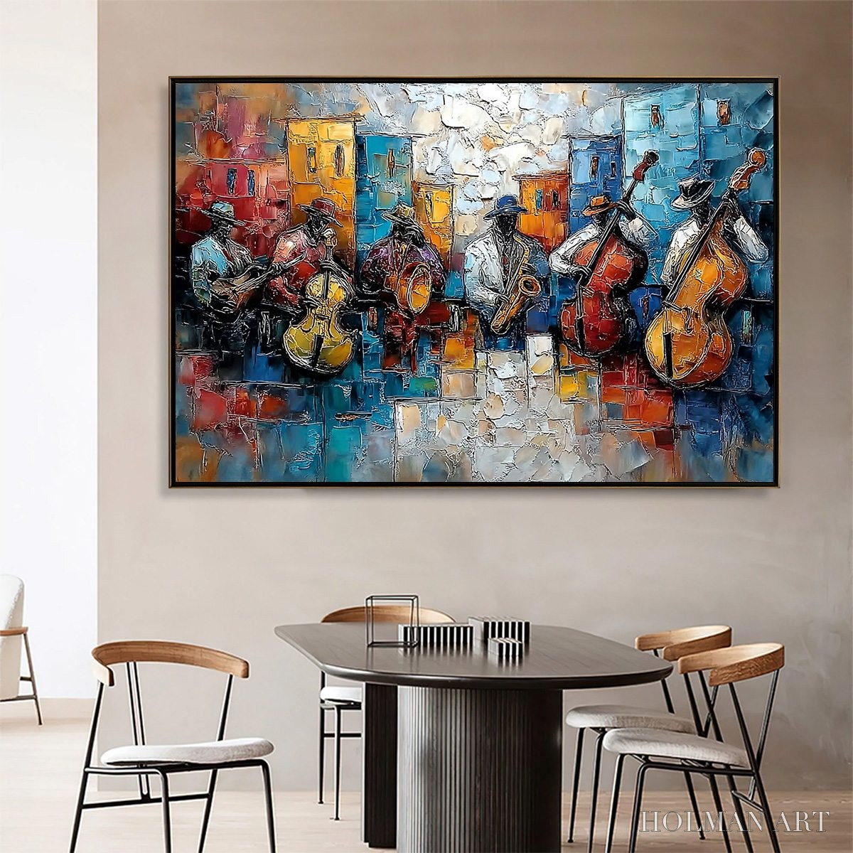 HOLMAN ART Urban Melody – Textured Impasto Painting of a Jazz Band Street Performance - image 2