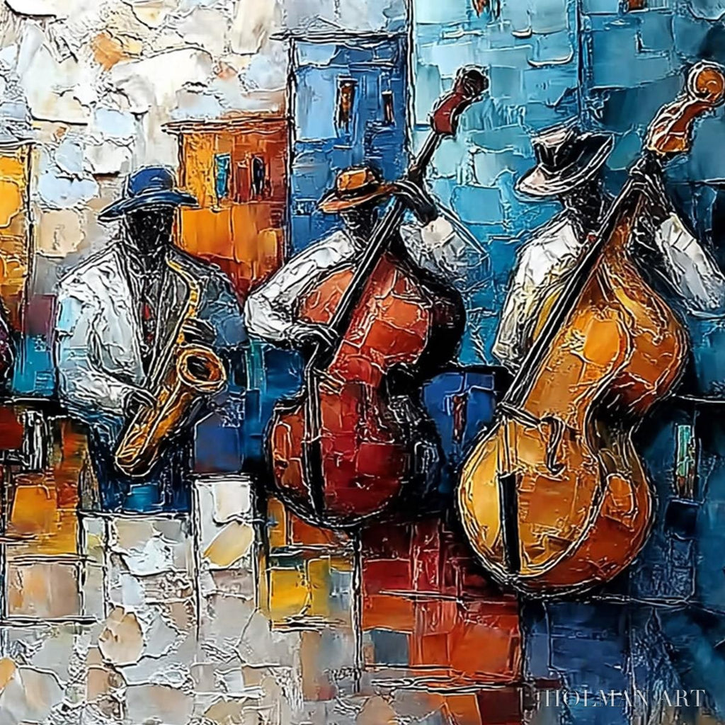 HOLMAN ART Urban Melody – Textured Impasto Painting of a Jazz Band Street Performance - image 3