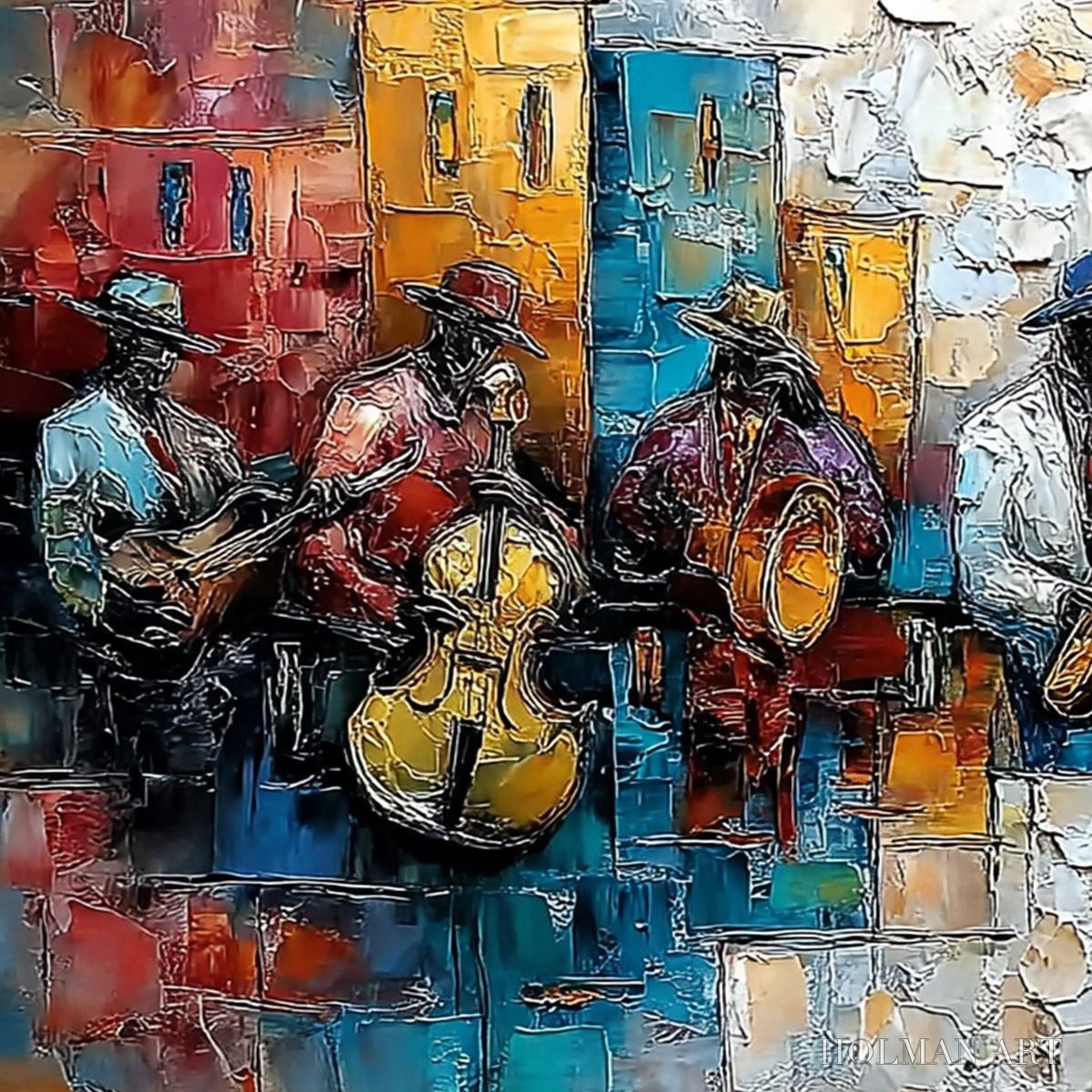 HOLMAN ART Urban Melody – Textured Impasto Painting of a Jazz Band Street Performance - image 5