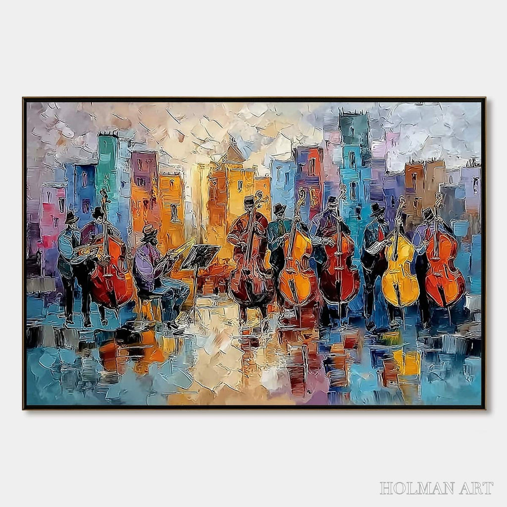 HOLMAN ART Urban Serenade – Textured Palette Knife Painting of City Musicians - image 1