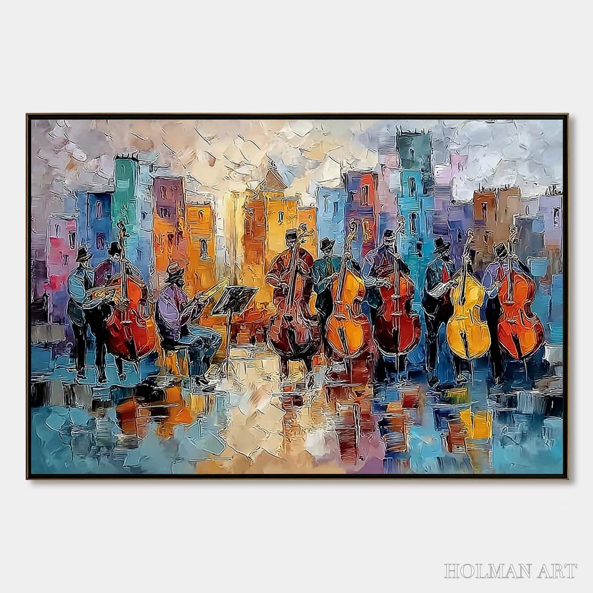 HOLMAN ART Urban Serenade – Textured Palette Knife Painting of City Musicians - image 1