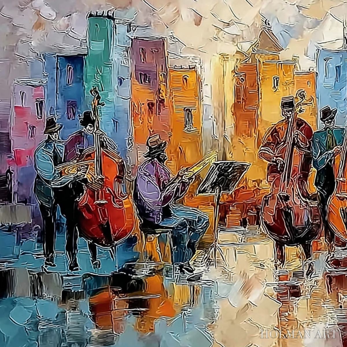 HOLMAN ART Urban Serenade – Textured Palette Knife Painting of City Musicians - image 3