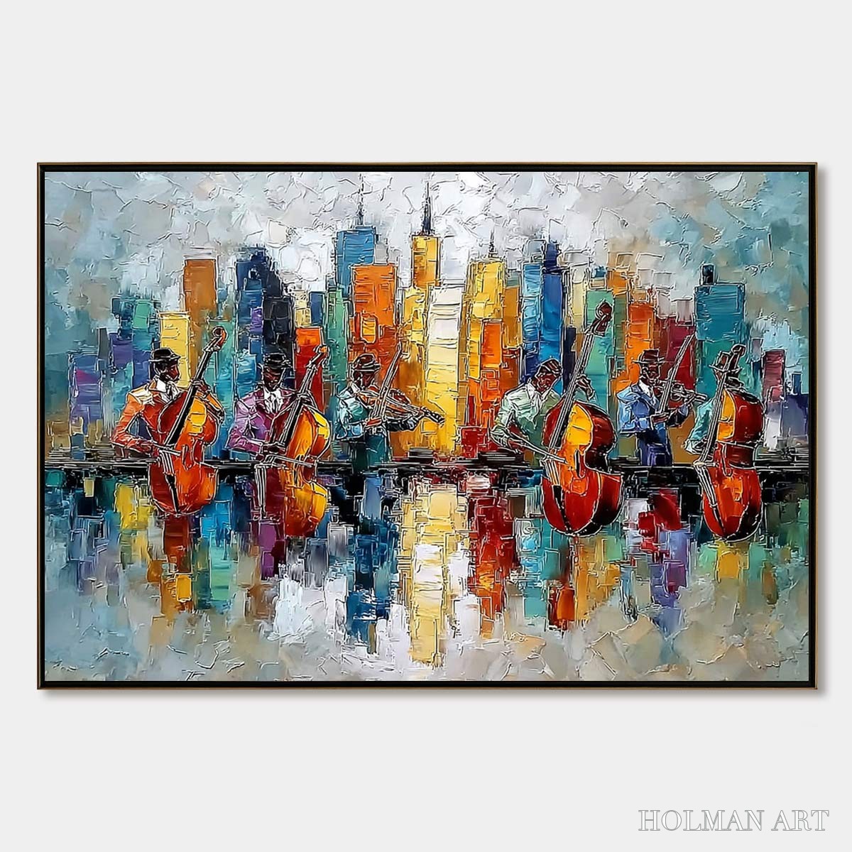 HOLMAN ART Skyline Sonata – Textured Palette Knife Painting of Musicians and Cityscape - image 1
