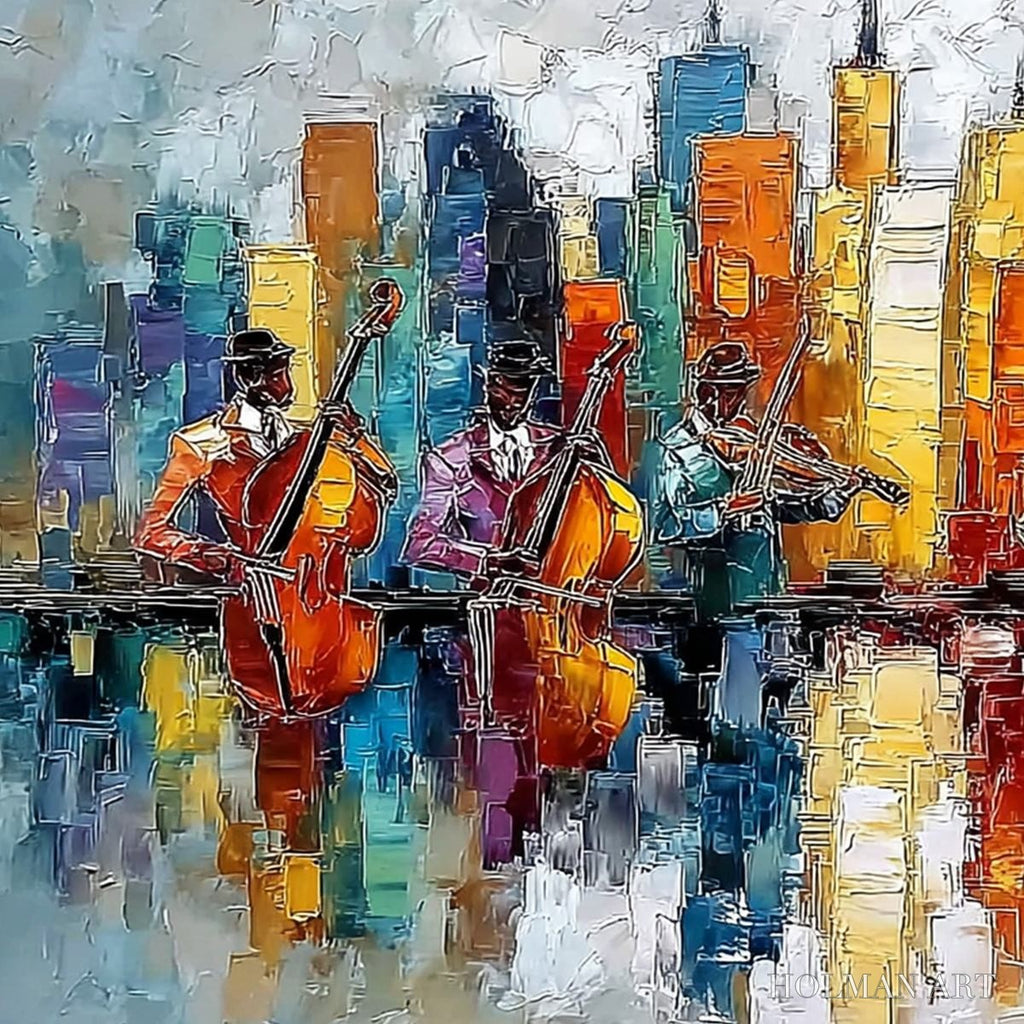 HOLMAN ART Skyline Sonata – Textured Palette Knife Painting of Musicians and Cityscape - image 3
