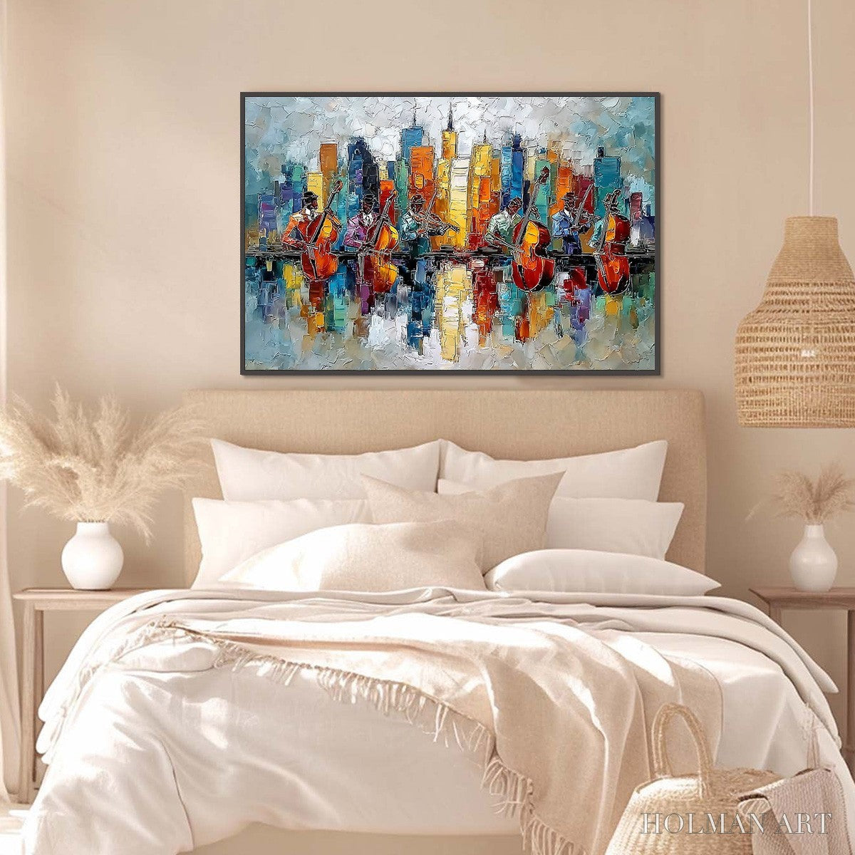 HOLMAN ART Skyline Sonata – Textured Palette Knife Painting of Musicians and Cityscape - image 4
