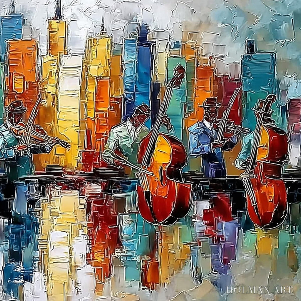 HOLMAN ART Skyline Sonata – Textured Palette Knife Painting of Musicians and Cityscape - image 5