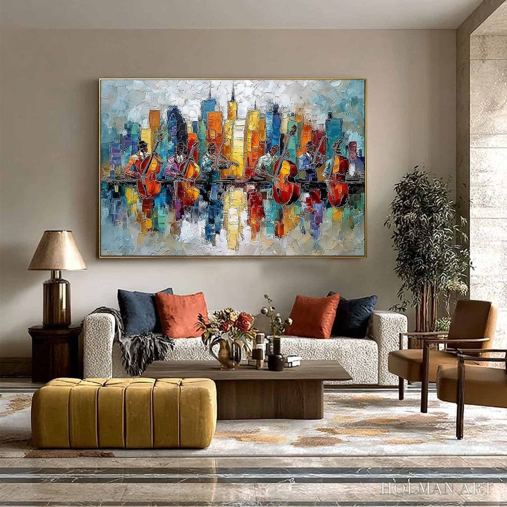 HOLMAN ART Skyline Sonata – Textured Palette Knife Painting of Musicians and Cityscape - image 6