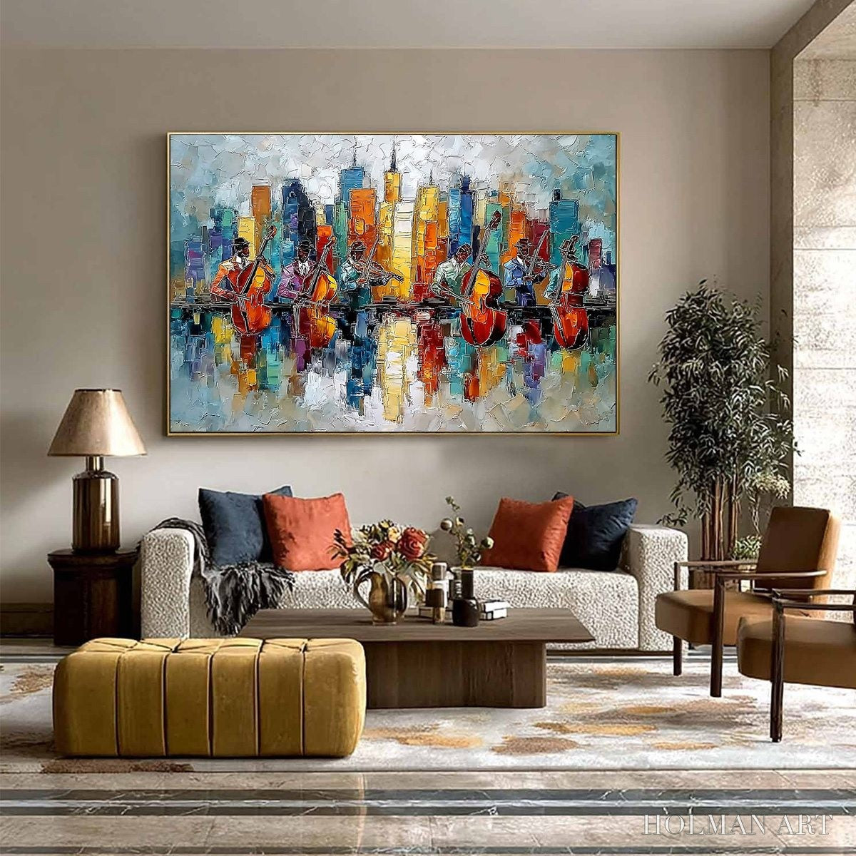 HOLMAN ART Skyline Sonata – Textured Palette Knife Painting of Musicians and Cityscape - image 6
