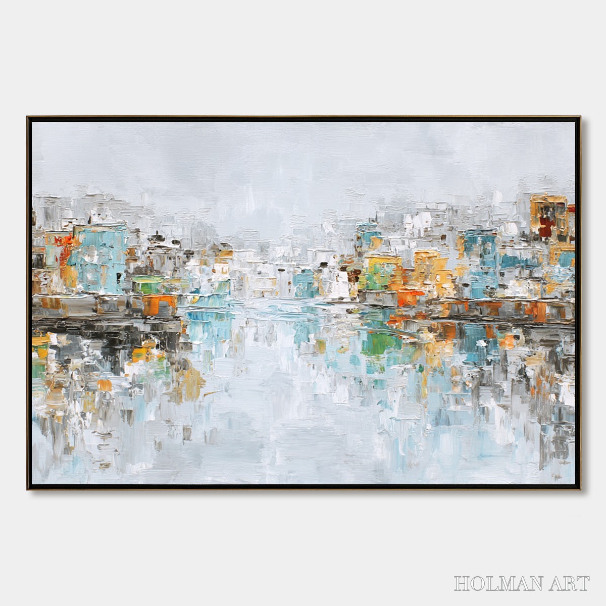 HOLMAN ART Waterfront Vibrancy – Textured Abstract Cityscape Oil Painting on Canvas - image 1