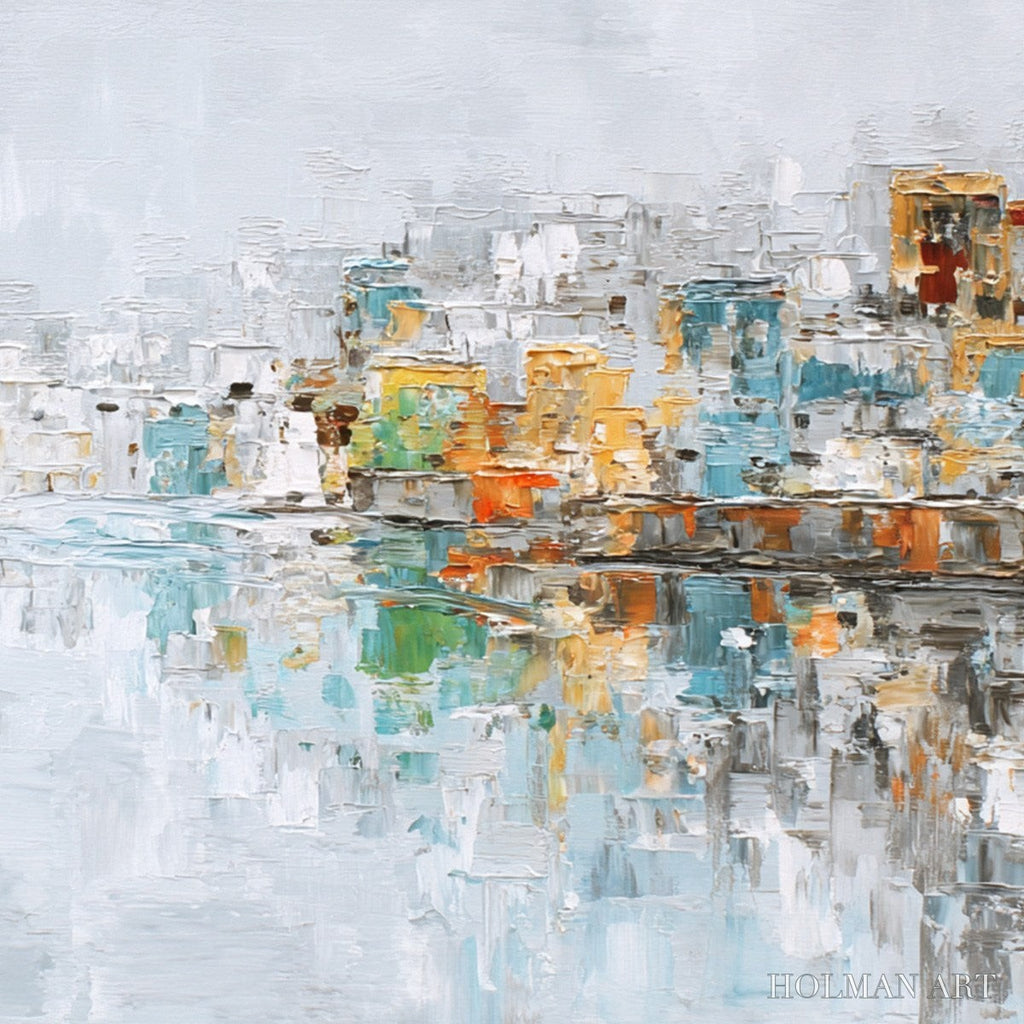 HOLMAN ART Waterfront Vibrancy – Textured Abstract Cityscape Oil Painting on Canvas - image 3