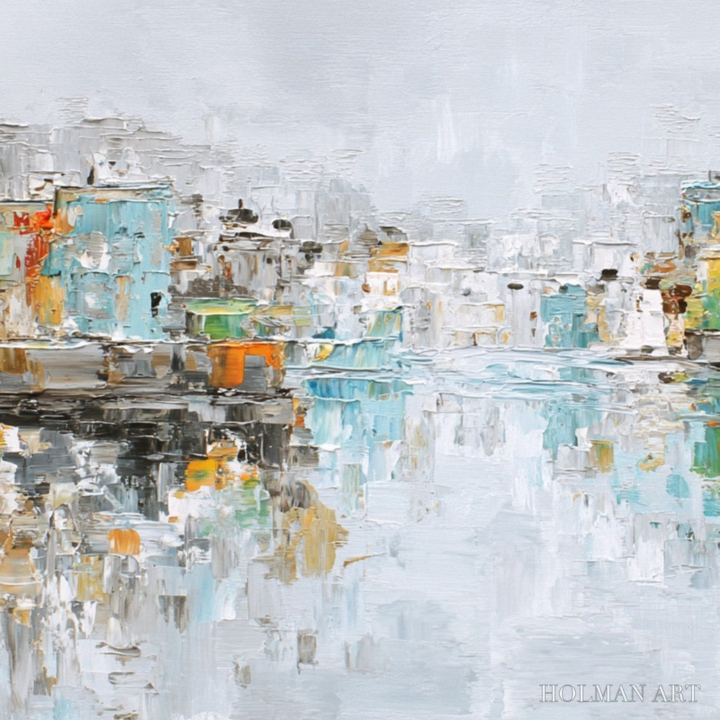 HOLMAN ART Waterfront Vibrancy – Textured Abstract Cityscape Oil Painting on Canvas - image 5