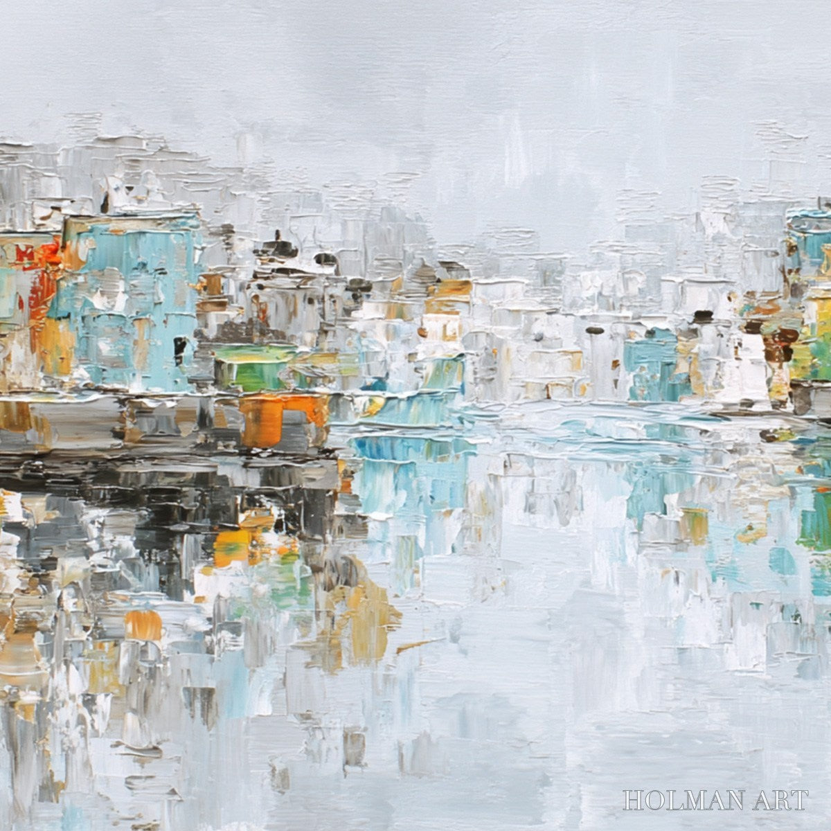 HOLMAN ART Waterfront Vibrancy – Textured Abstract Cityscape Oil Painting on Canvas - image 5