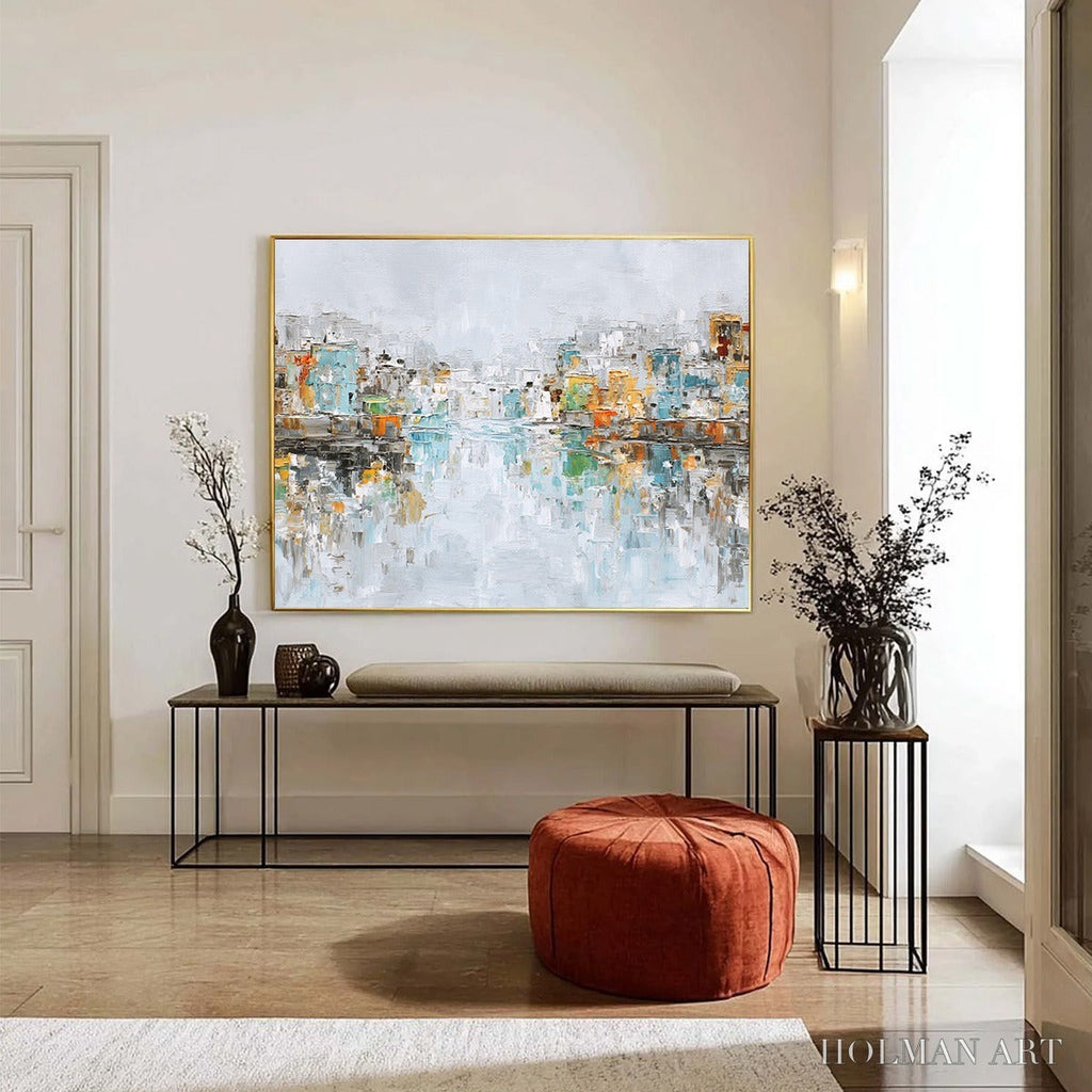 HOLMAN ART Waterfront Vibrancy – Textured Abstract Cityscape Oil Painting on Canvas - image 6
