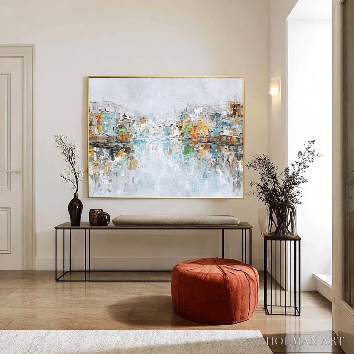 HOLMAN ART Waterfront Vibrancy – Textured Abstract Cityscape Oil Painting on Canvas - image 6