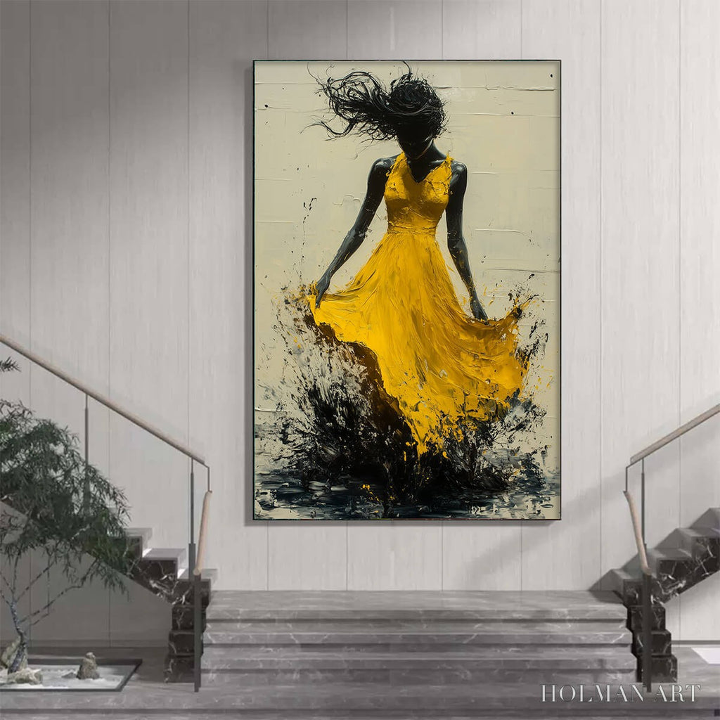HOLMAN ART Golden Whirl – Textured Impasto Figurative Oil Painting of Woman in Yellow Dress - image 2