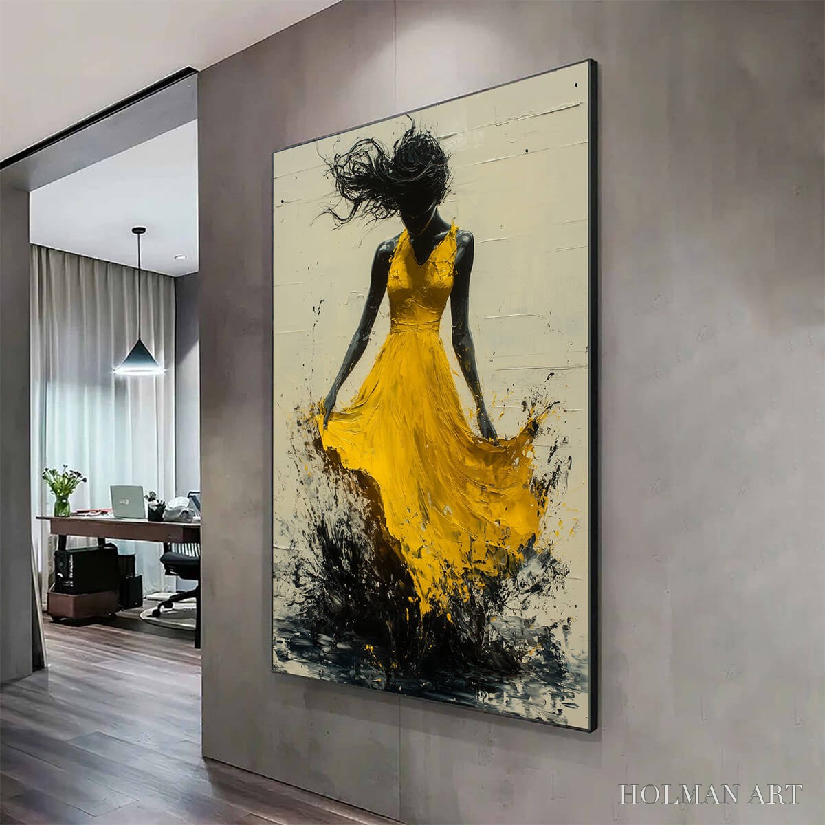 HOLMAN ART Golden Whirl – Textured Impasto Figurative Oil Painting of Woman in Yellow Dress - image 3