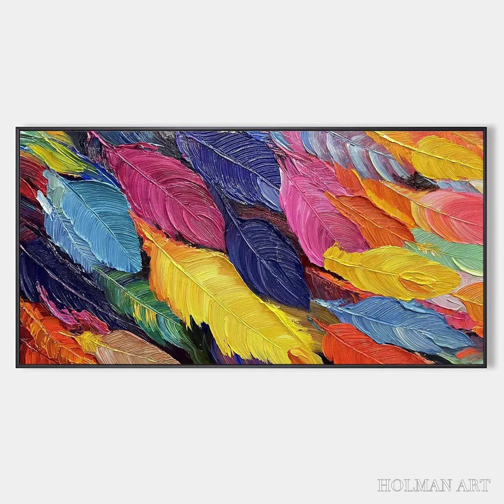 HOLMAN ART Feather Dance – Horizontal Abstract Painting with Colorful Feathers, Textured Impasto, Modern - image 1