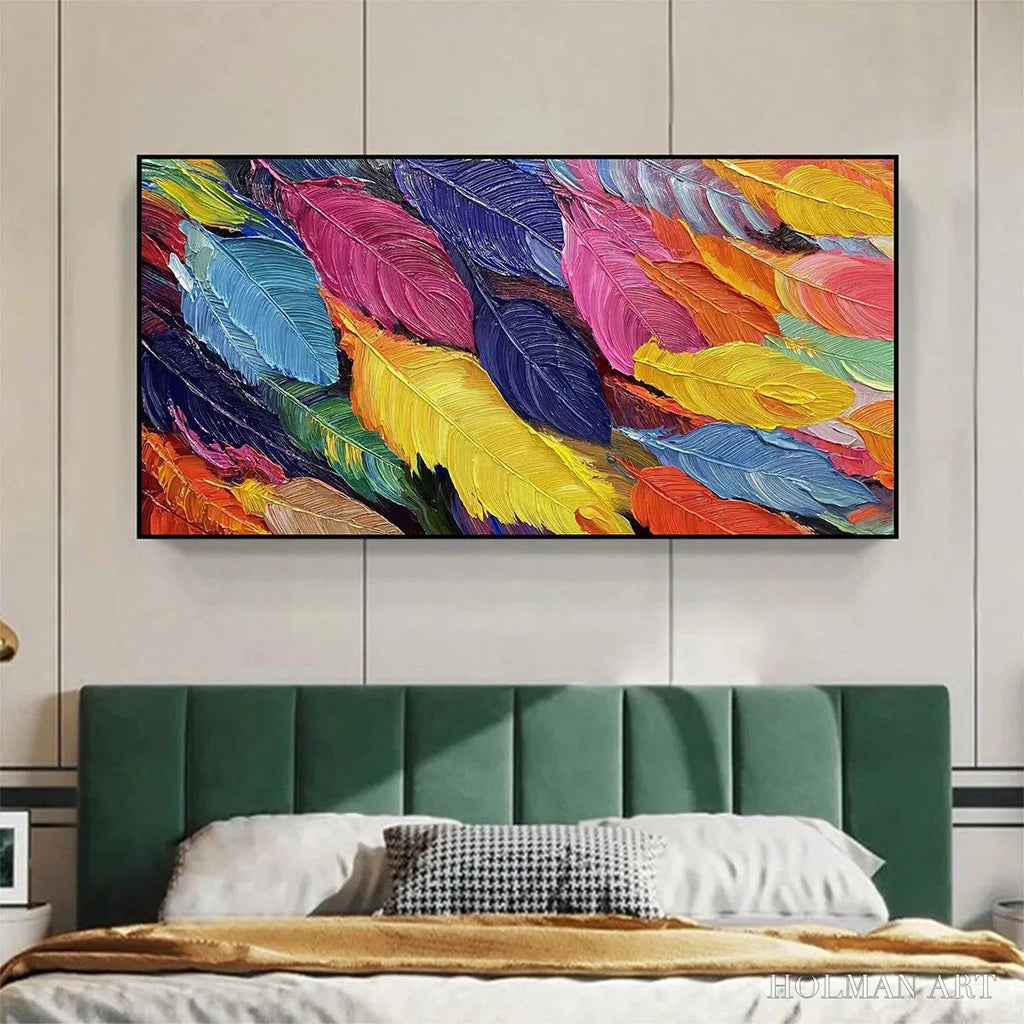 HOLMAN ART Feather Dance – Horizontal Abstract Painting with Colorful Feathers, Textured Impasto, Modern - image 2