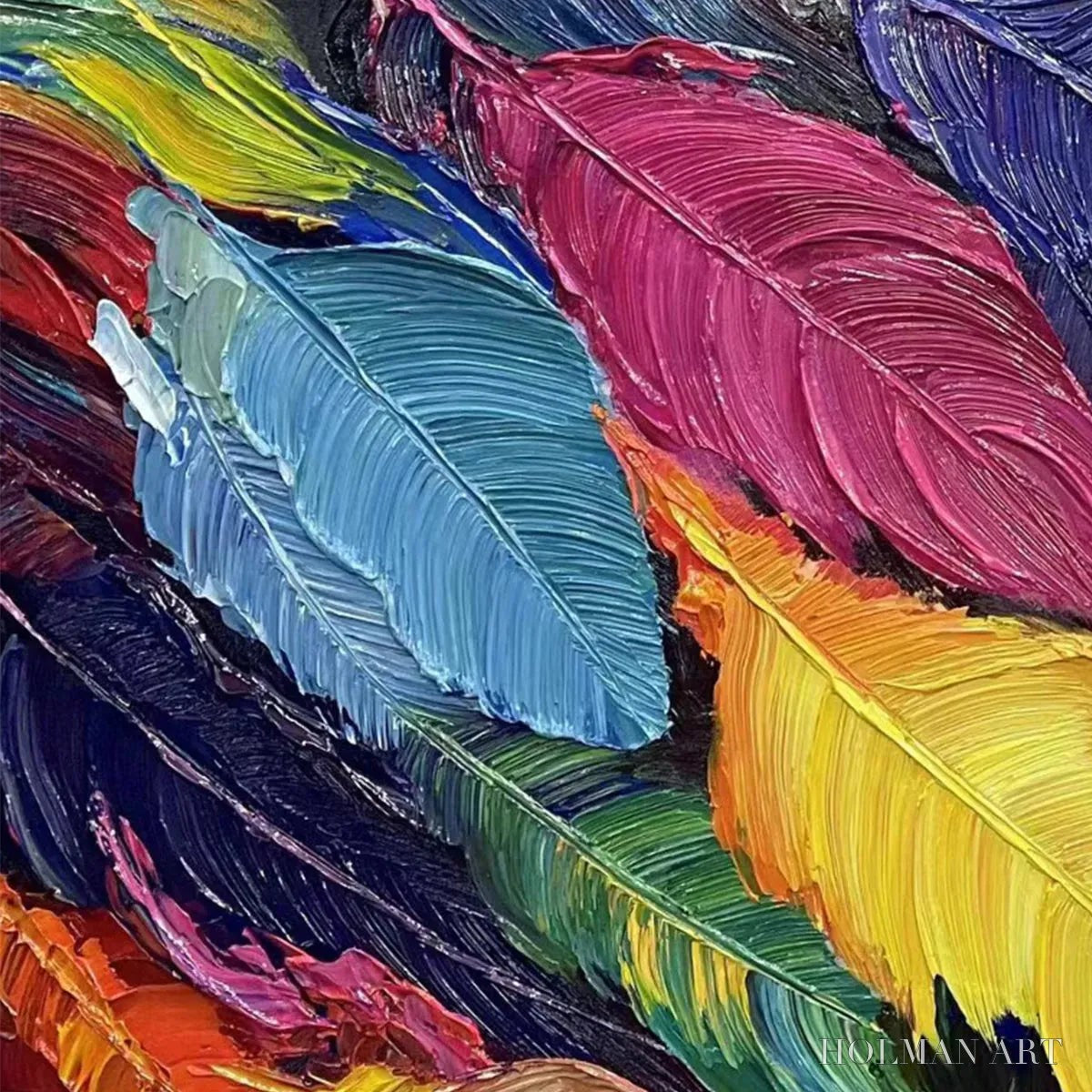 HOLMAN ART Feather Dance – Horizontal Abstract Painting with Colorful Feathers, Textured Impasto, Modern - image 3