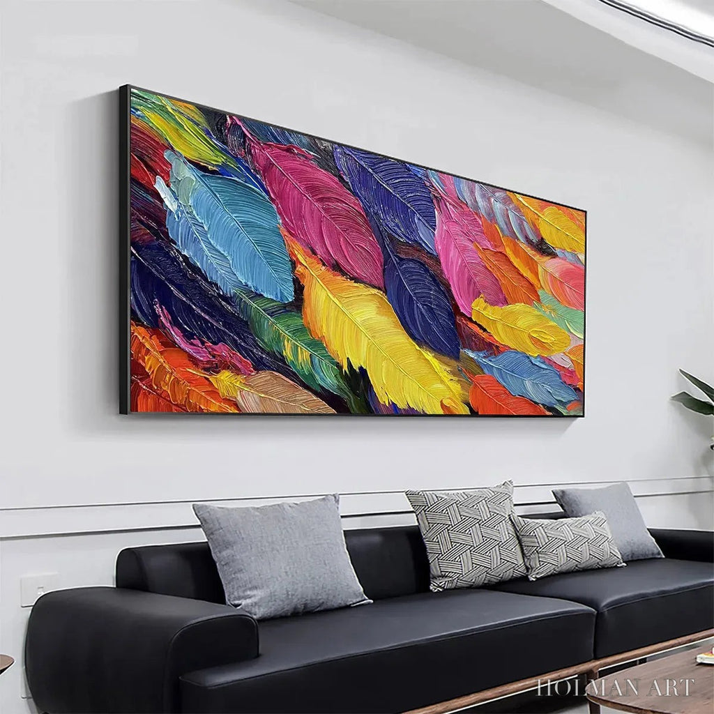 HOLMAN ART Feather Dance – Horizontal Abstract Painting with Colorful Feathers, Textured Impasto, Modern - image 4