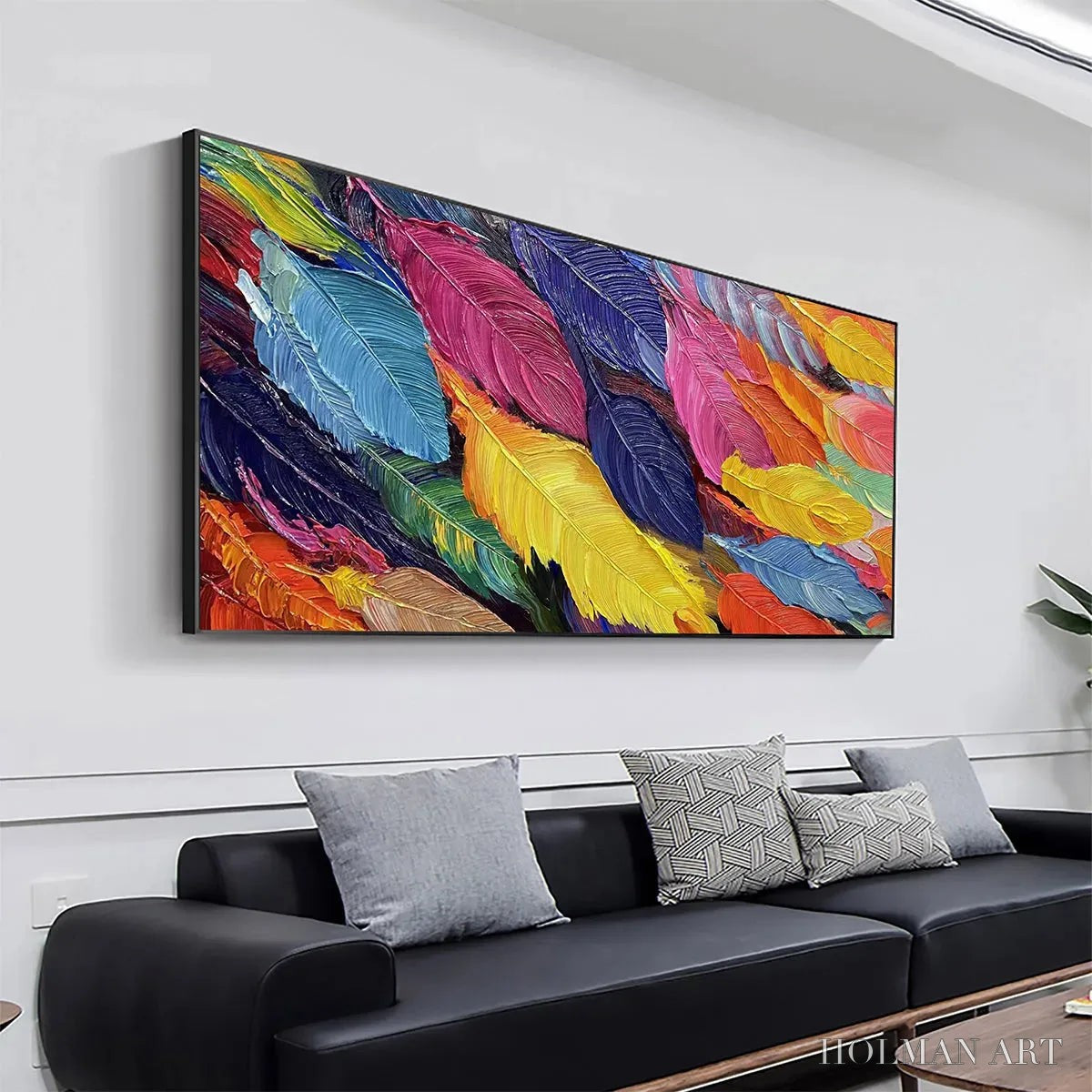 HOLMAN ART Feather Dance – Horizontal Abstract Painting with Colorful Feathers, Textured Impasto, Modern - image 4