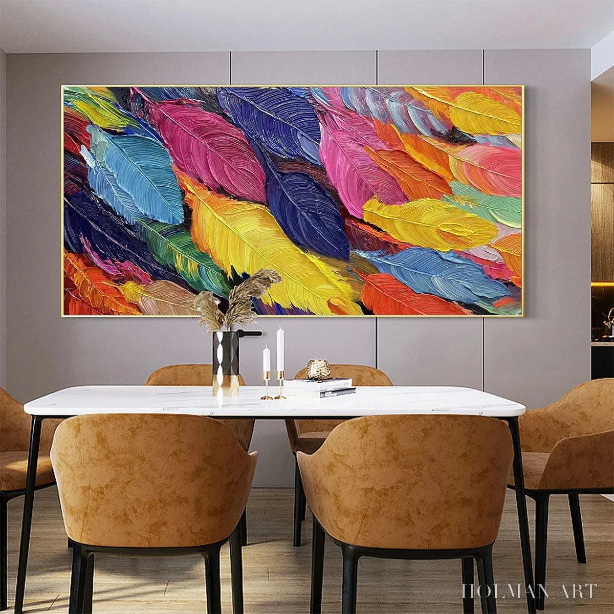 HOLMAN ART Feather Dance – Horizontal Abstract Painting with Colorful Feathers, Textured Impasto, Modern - image 6