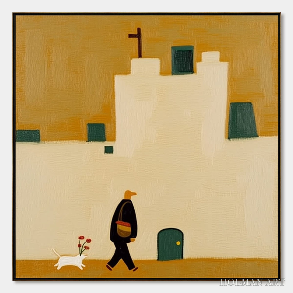 HOLMAN ART Pilgrim'S Path – Minimalist Figurative Painting of a Spanish Village Scene - image 1