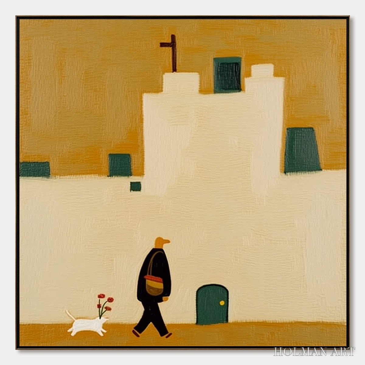 HOLMAN ART Pilgrim'S Path – Minimalist Figurative Painting of a Spanish Village Scene - image 1