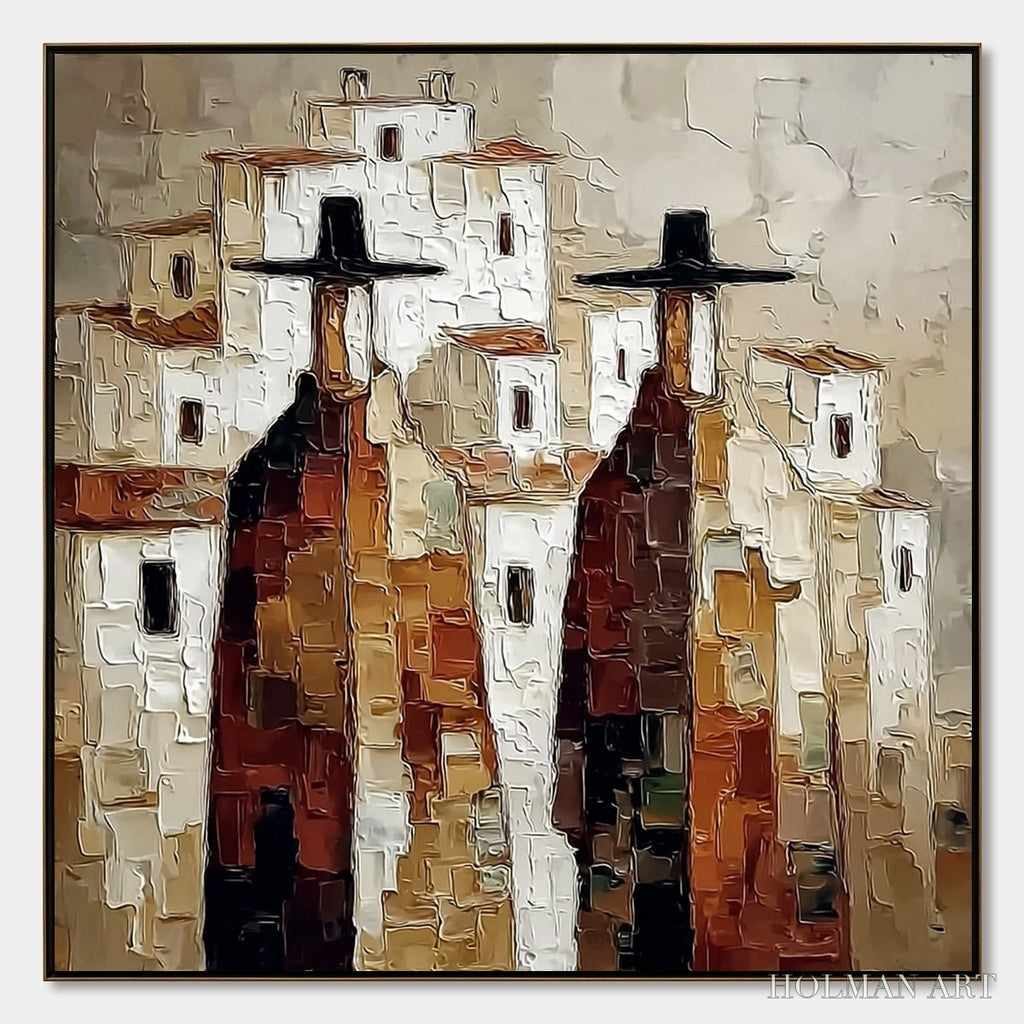 HOLMAN ART Pueblo Vigilantes Textured Abstract Cityscape Oil Painting - image 1