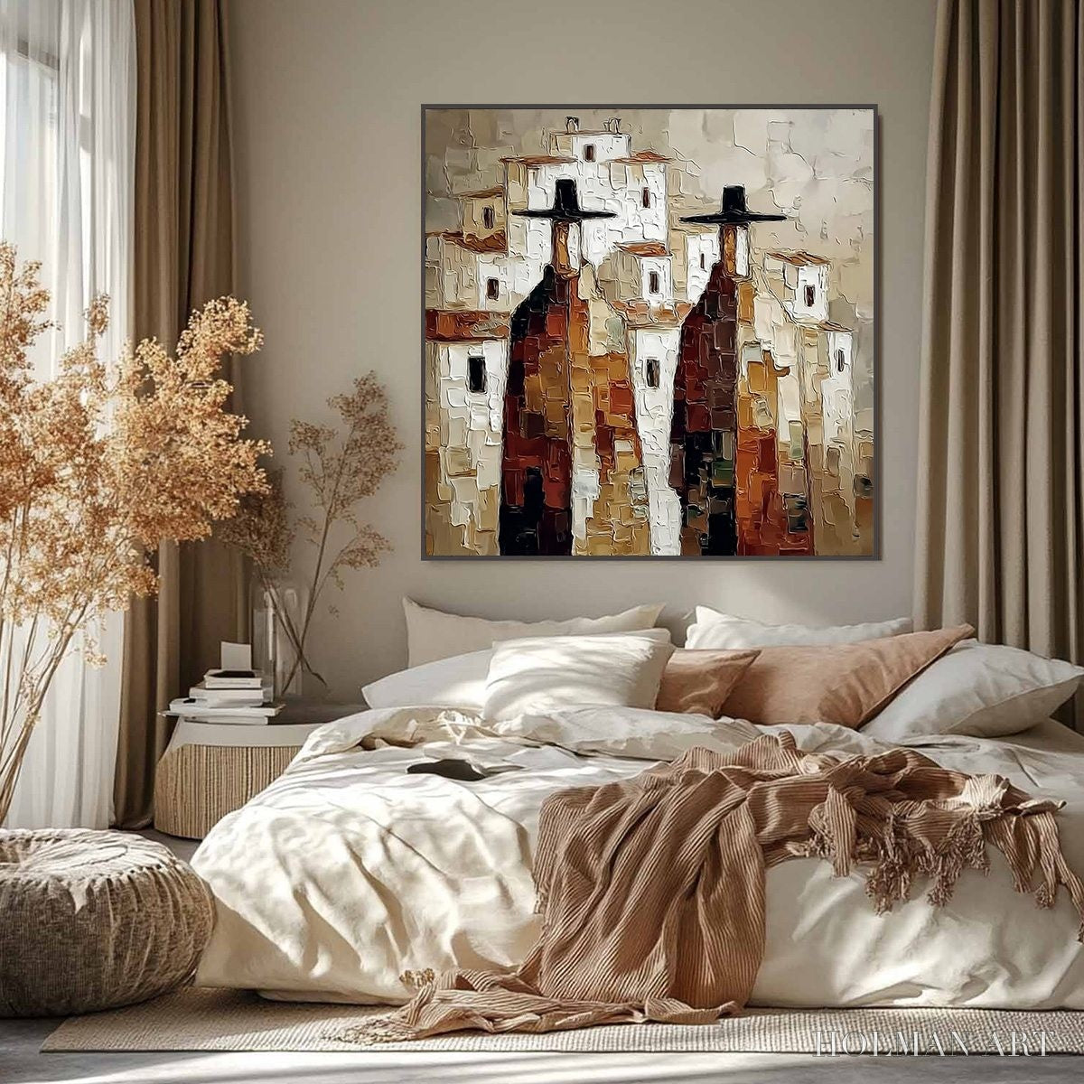 HOLMAN ART Pueblo Vigilantes Textured Abstract Cityscape Oil Painting - image 2