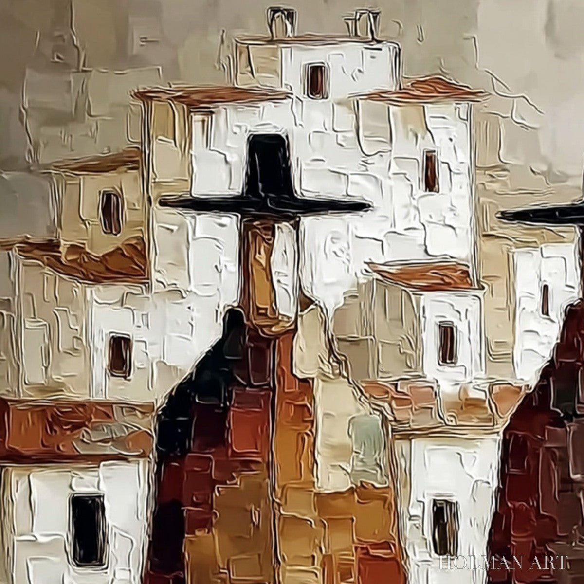 HOLMAN ART Pueblo Vigilantes Textured Abstract Cityscape Oil Painting - image 5