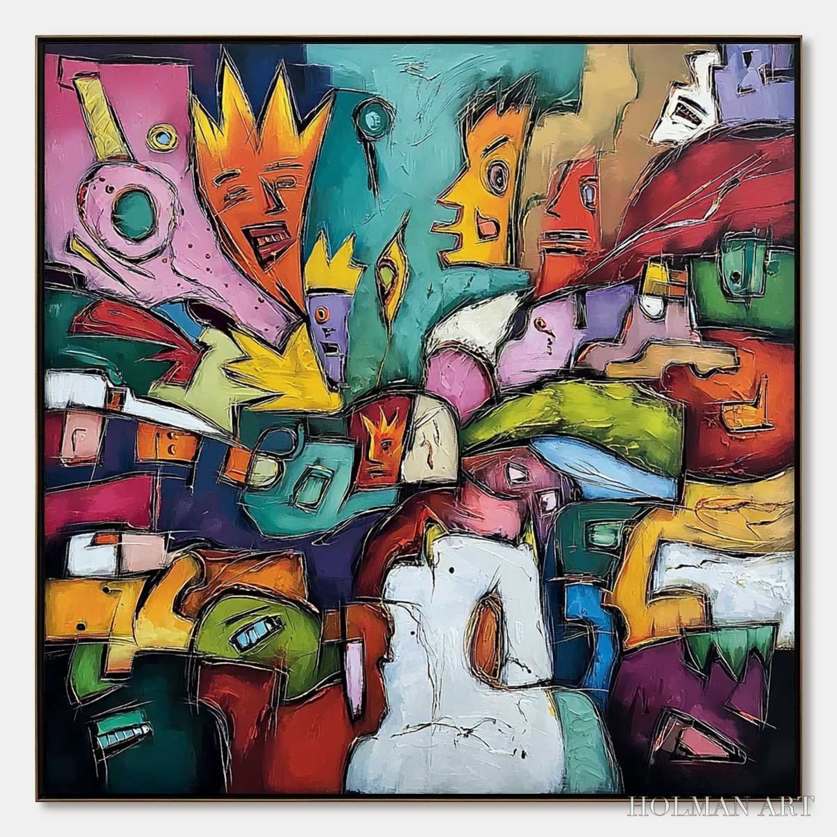 HOLMAN ART Carnival of Kings – Vibrant Square Abstract Figurative Painting - image 1