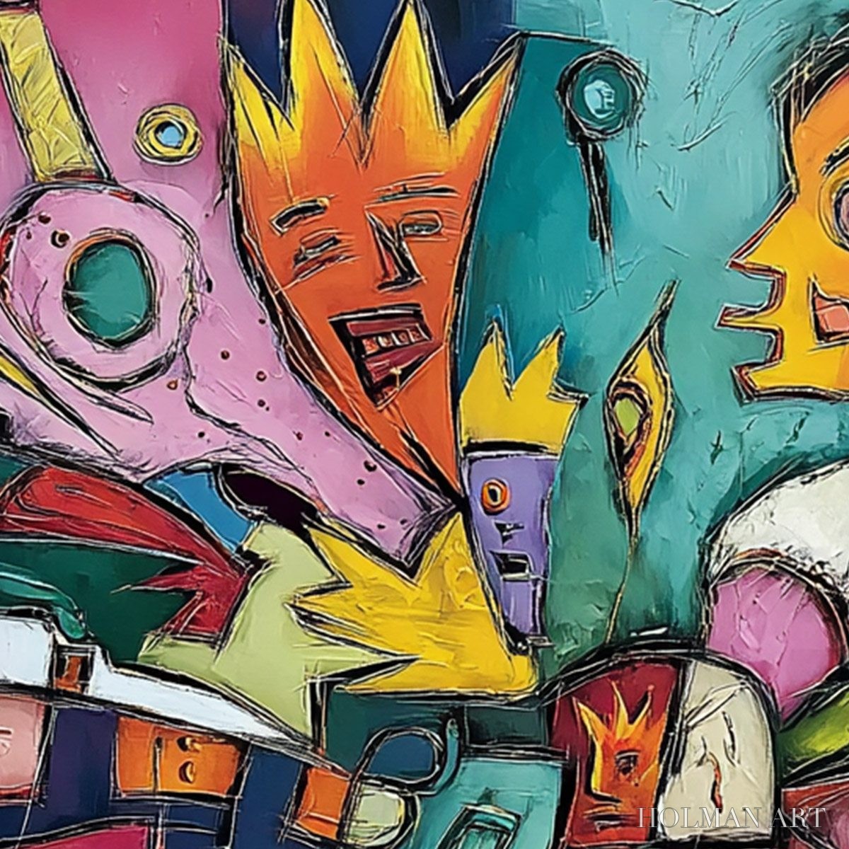 HOLMAN ART Carnival of Kings – Vibrant Square Abstract Figurative Painting - image 3