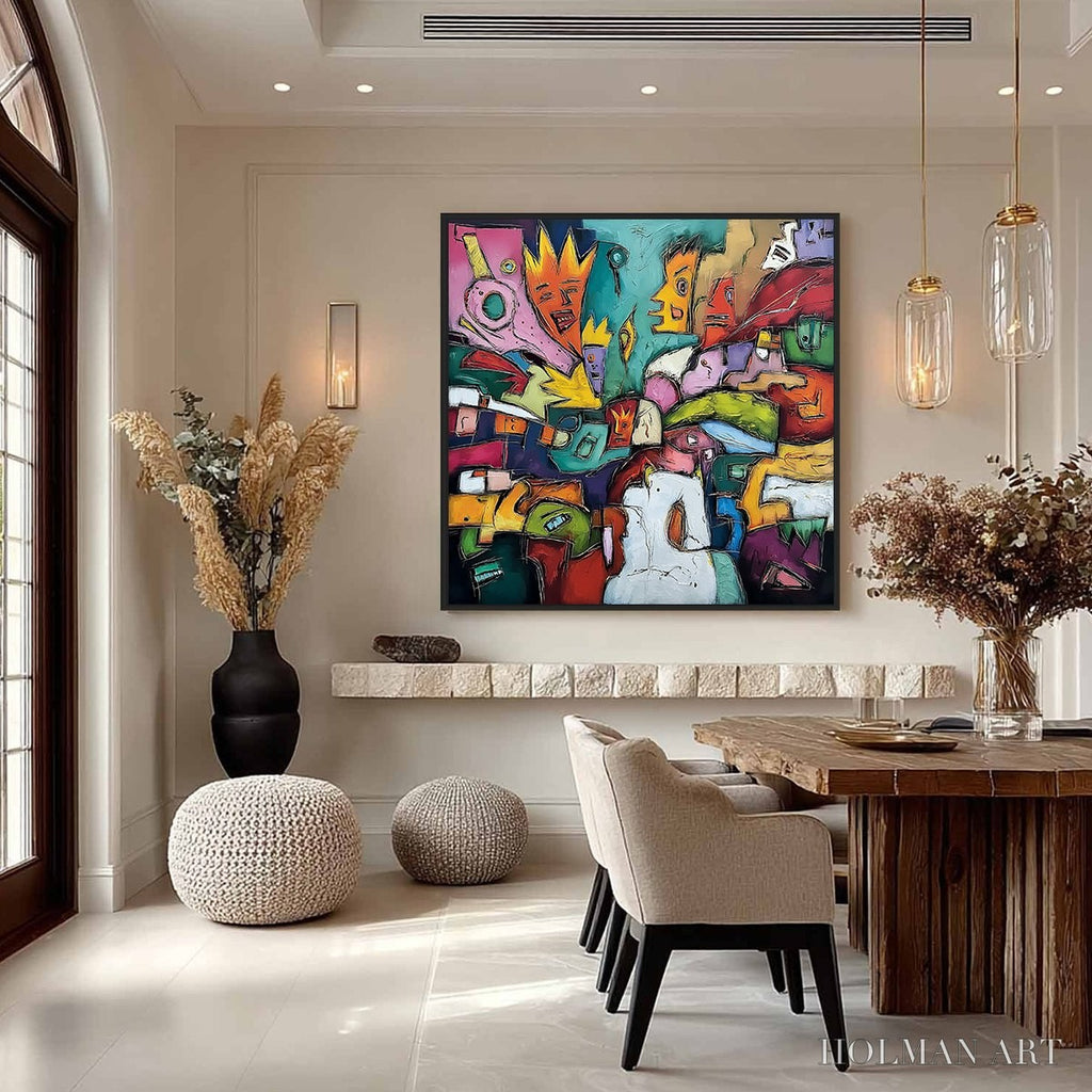 HOLMAN ART Carnival of Kings – Vibrant Square Abstract Figurative Painting - image 4