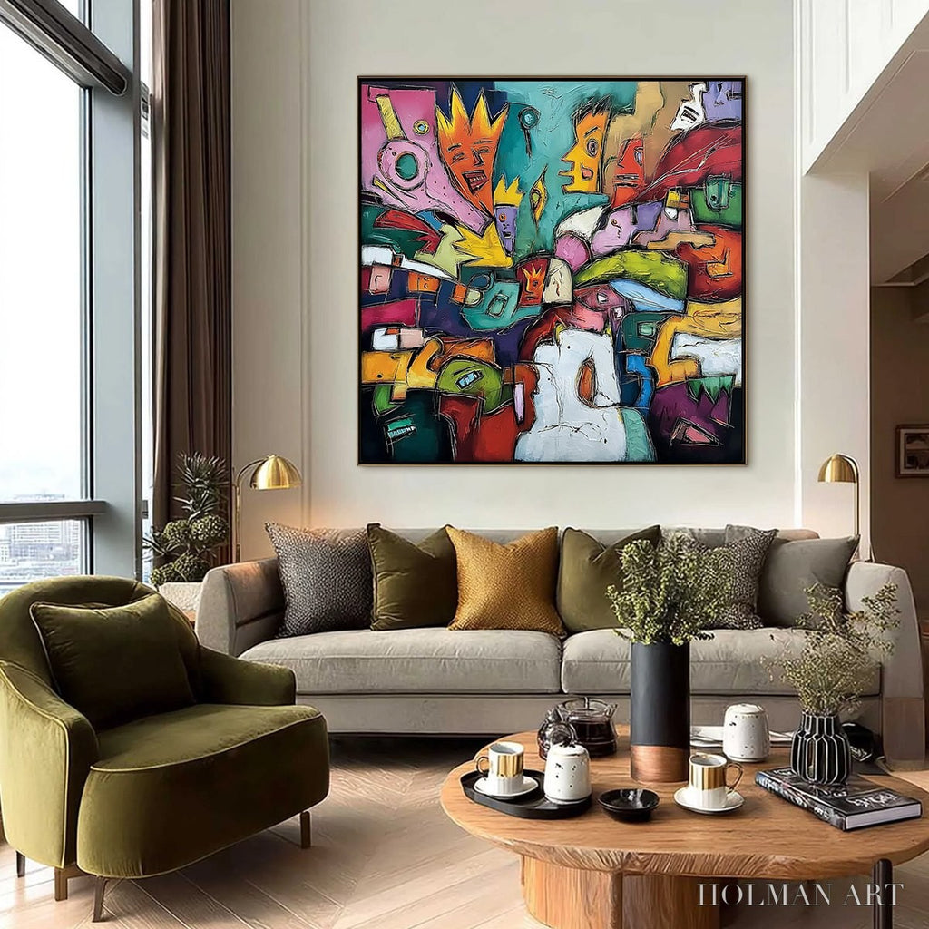 HOLMAN ART Carnival of Kings – Vibrant Square Abstract Figurative Painting - image 6