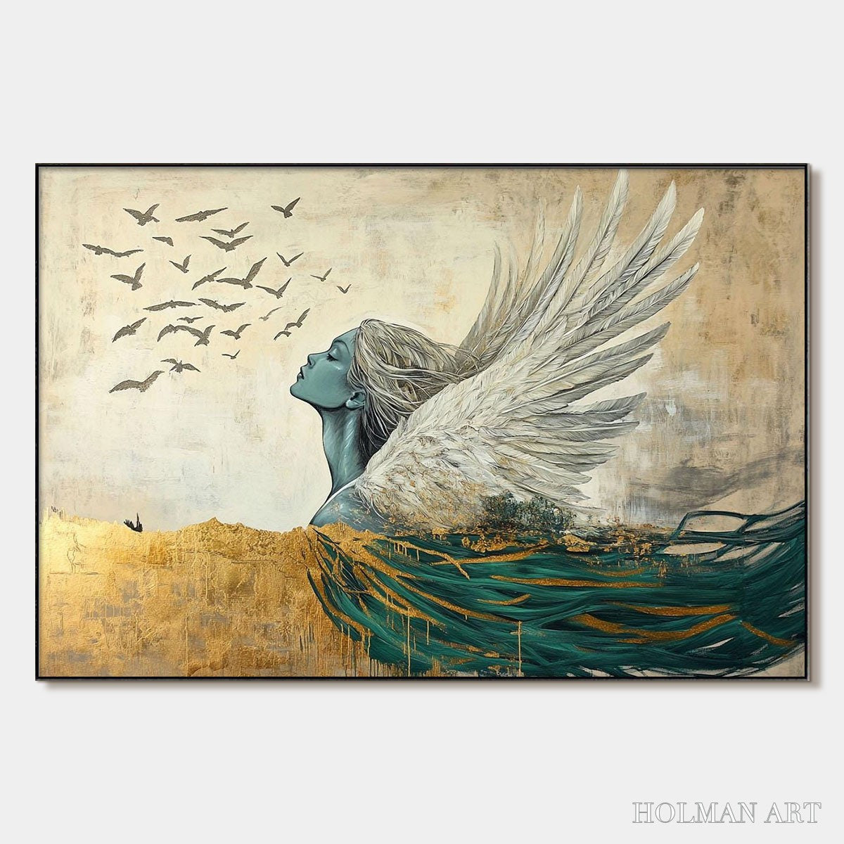 HOLMAN ART Golden Ascension – Ethereal Angel with Birds Oil Painting - image 1