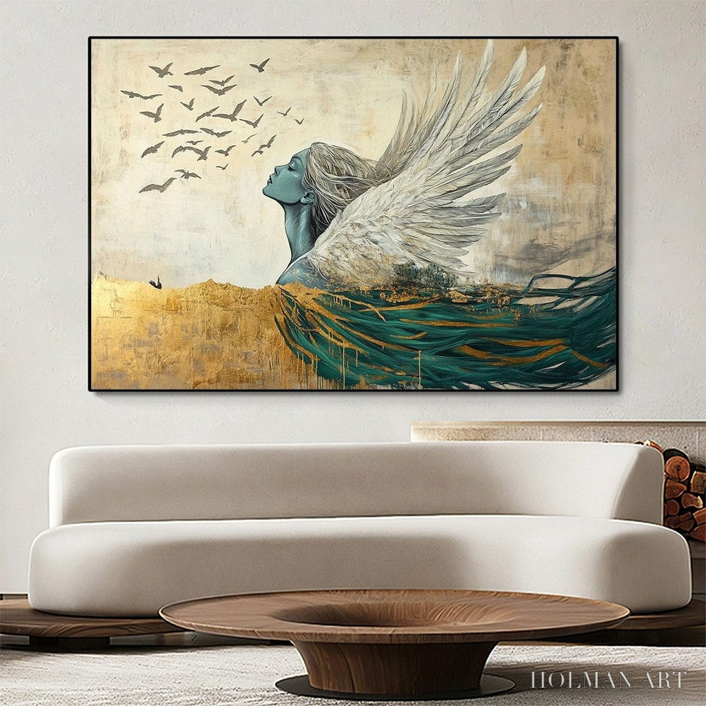 HOLMAN ART Golden Ascension – Ethereal Angel with Birds Oil Painting - image 2