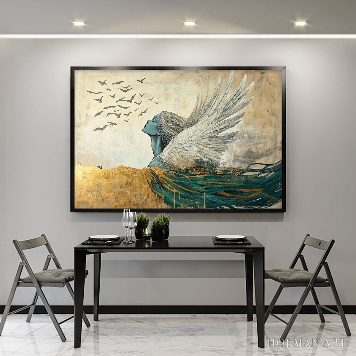 HOLMAN ART Golden Ascension – Ethereal Angel with Birds Oil Painting - image 6