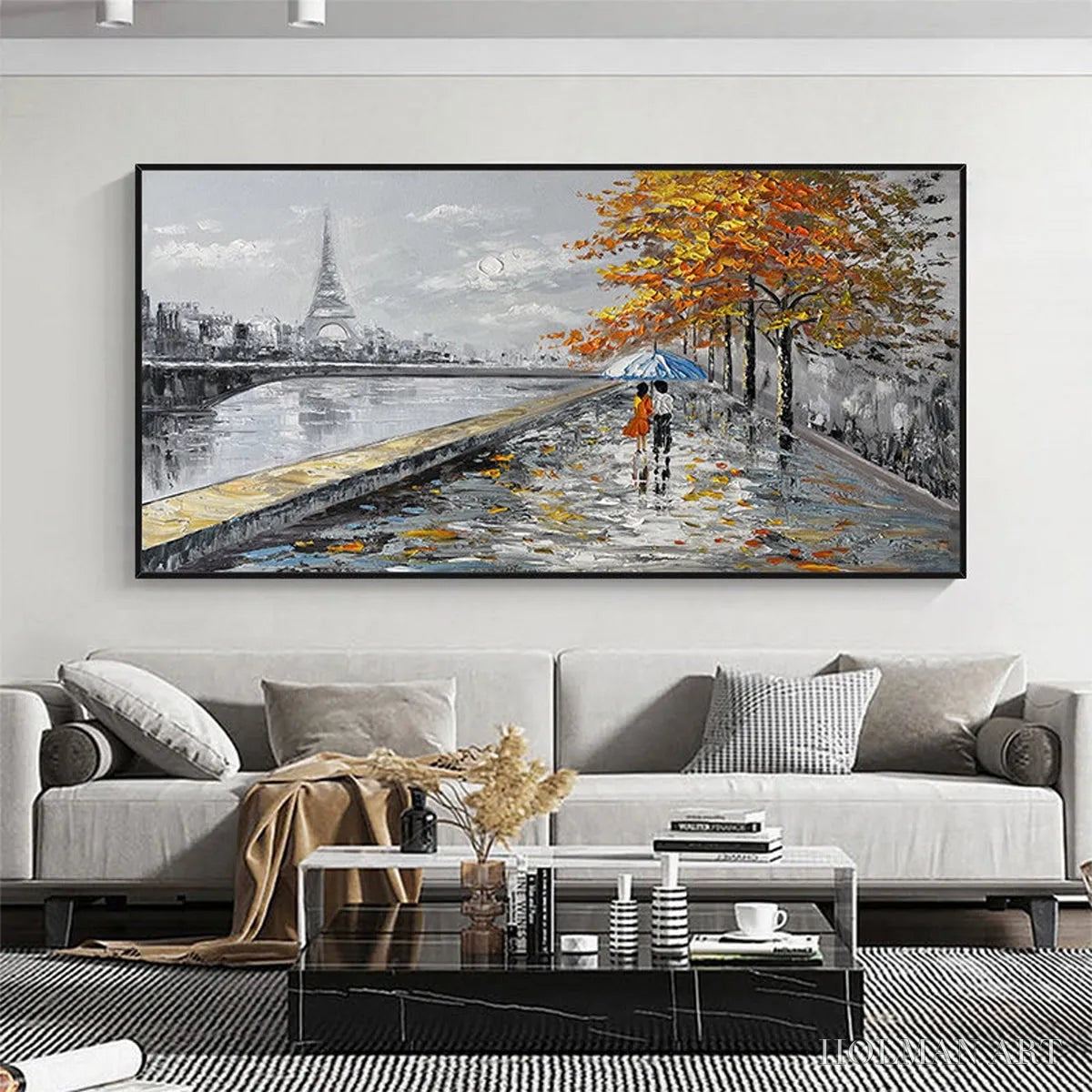 HOLMAN ART Parisian Autumn Stroll – Romantic Cityscape Oil Painting with Eiffel Tower - image 4