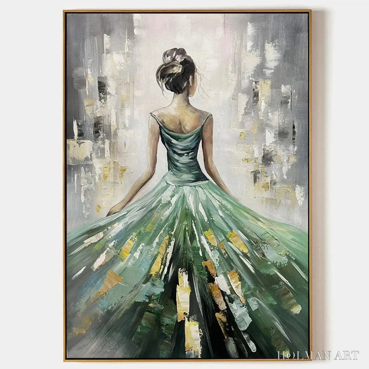HOLMAN ART Emerald Grace – Elegant Woman in Green Dress, Vertical Canvas, Figurative - image 1
