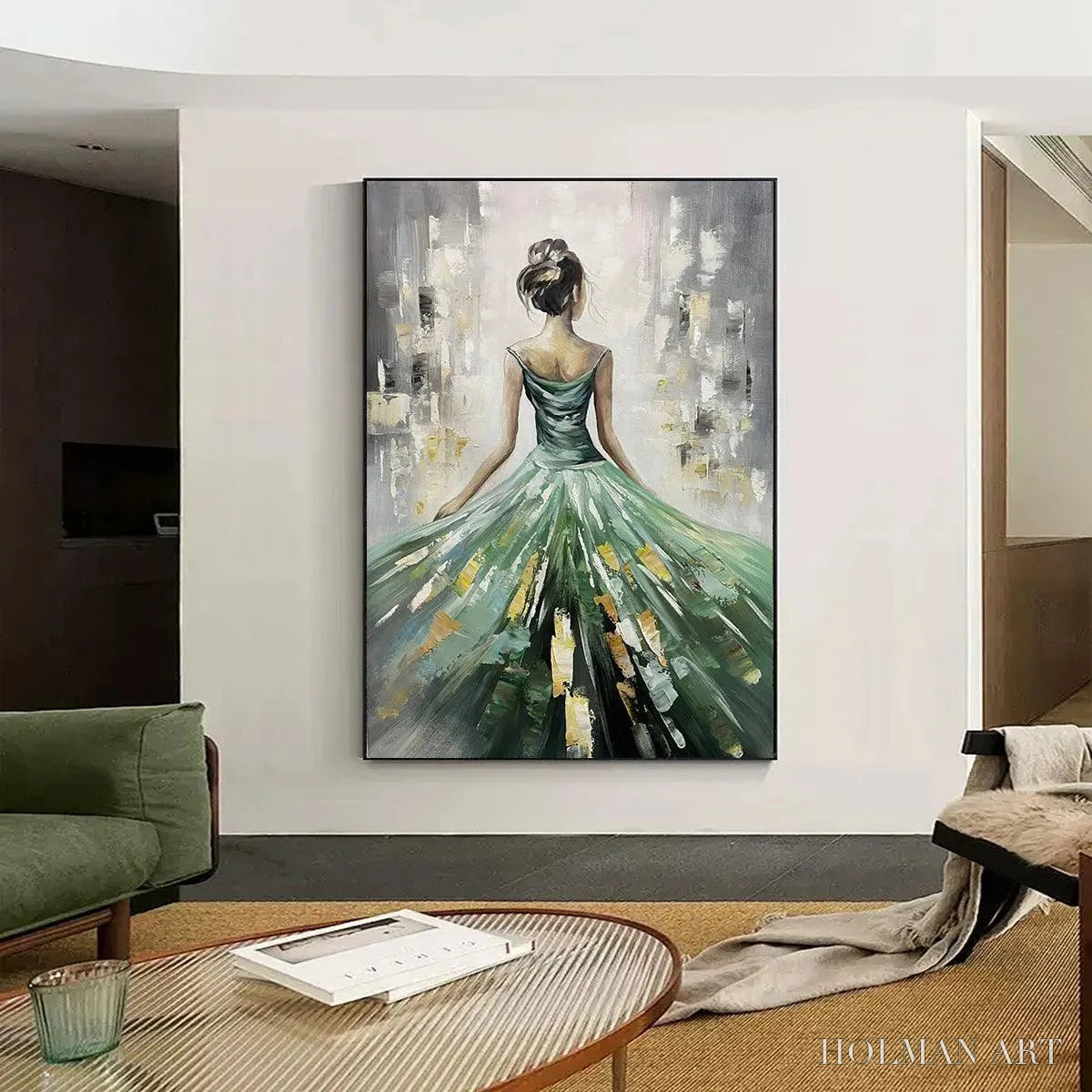 HOLMAN ART Emerald Grace – Elegant Woman in Green Dress, Vertical Canvas, Figurative - image 2