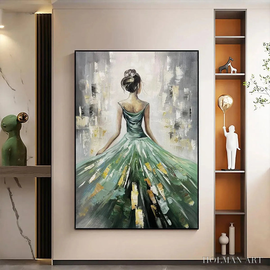 HOLMAN ART Emerald Grace – Elegant Woman in Green Dress, Vertical Canvas, Figurative - image 4