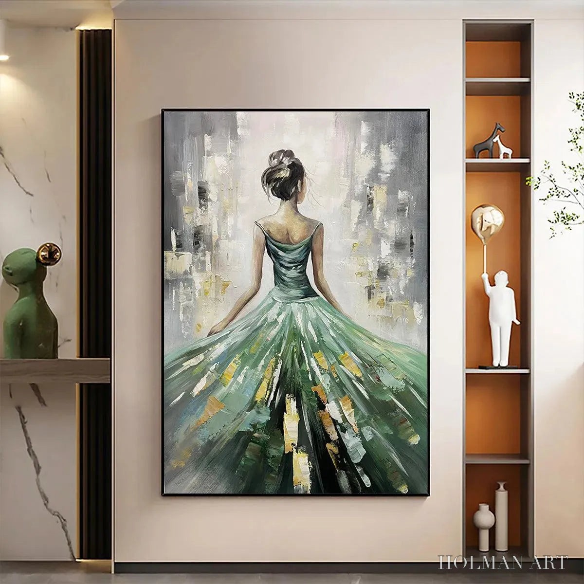 HOLMAN ART Emerald Grace – Elegant Woman in Green Dress, Vertical Canvas, Figurative - image 4