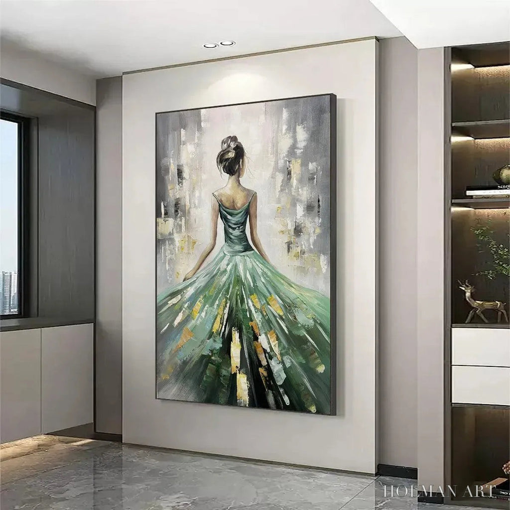 HOLMAN ART Emerald Grace – Elegant Woman in Green Dress, Vertical Canvas, Figurative - image 5