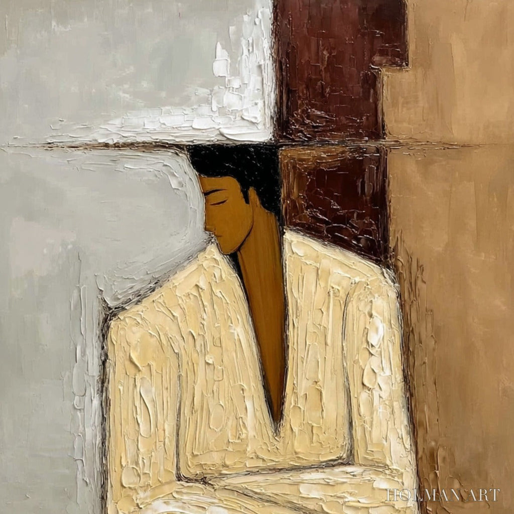 HOLMAN ART Contemplation – Textured Abstract Figurative Portrait Oil Painting - image 3