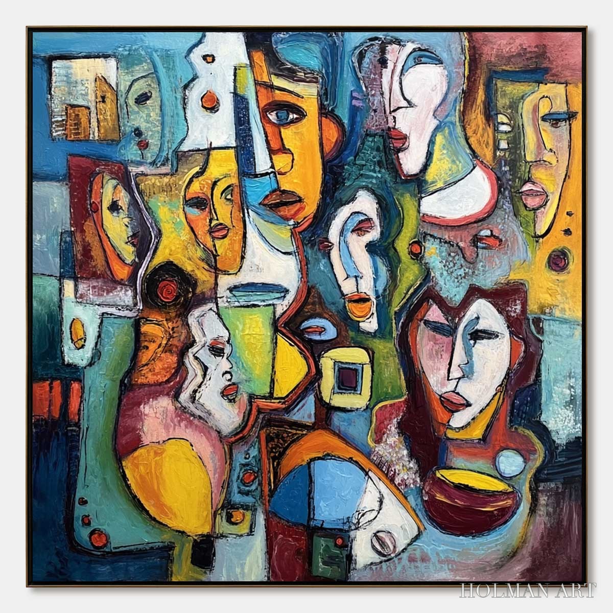 HOLMAN ART Mosaic of Minds – Colorful Abstract Figurative Faces Oil Painting - image 1