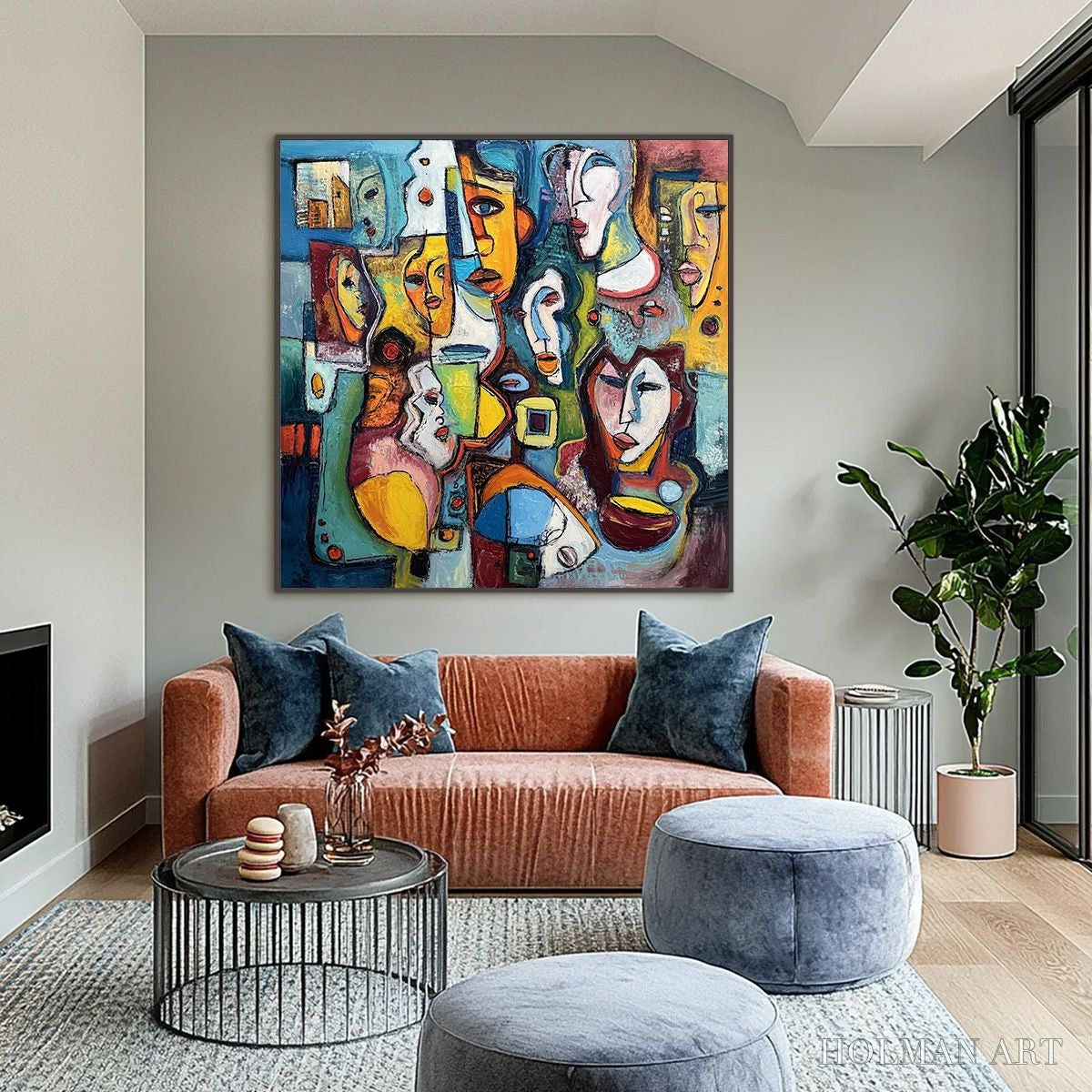HOLMAN ART Mosaic of Minds – Colorful Abstract Figurative Faces Oil Painting - image 2