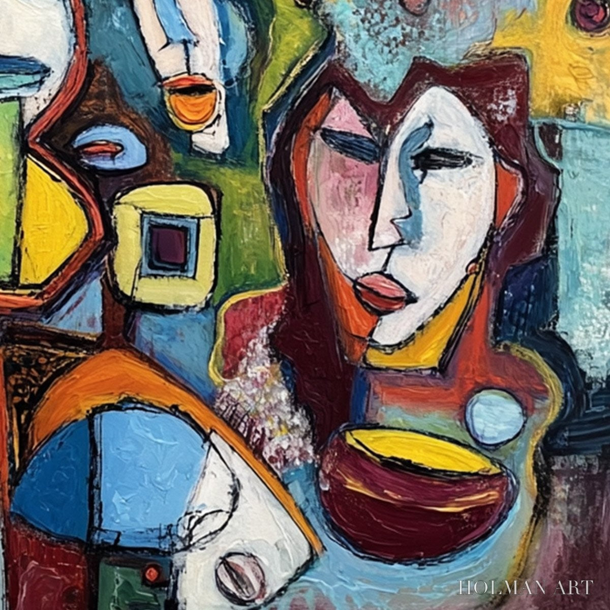 HOLMAN ART Mosaic of Minds – Colorful Abstract Figurative Faces Oil Painting - image 3